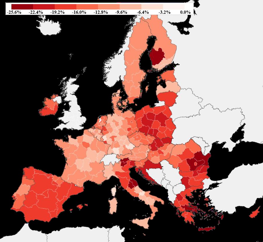 cartina Ue con paesi più a rischio decrescita