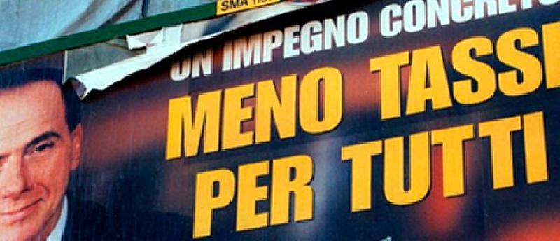 "Meno tasse per tutti", un manifesto elettorale di Berlusconi nella campagna del 1994
