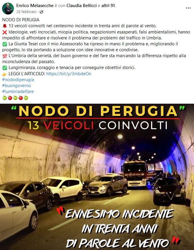 Screenshot di un post dell'assessore regionale umbro alle infrastrutture Enrico Melasecche su facebook a favore del Nodo di Perugia