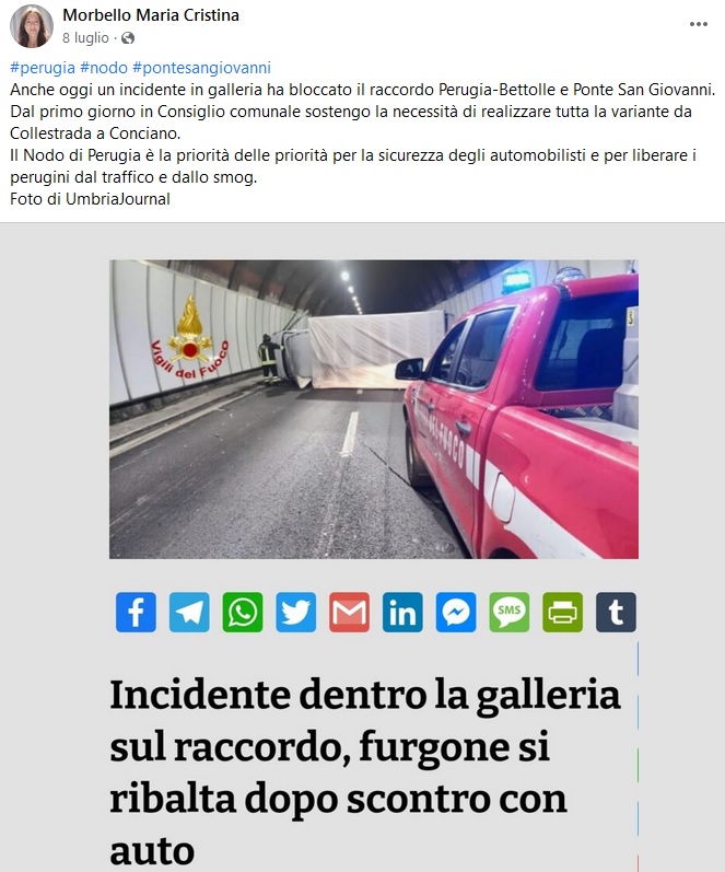 Screenshot di un post su favcebook della consigliera comunale Maria Cristina Morbello a favore del Nodo di Perugia